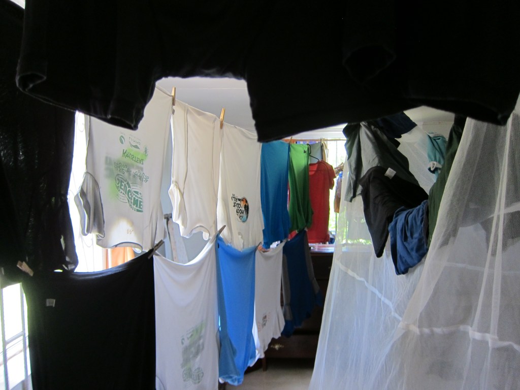 We figured out a way to double-decker our laundry when we have to hang it inside